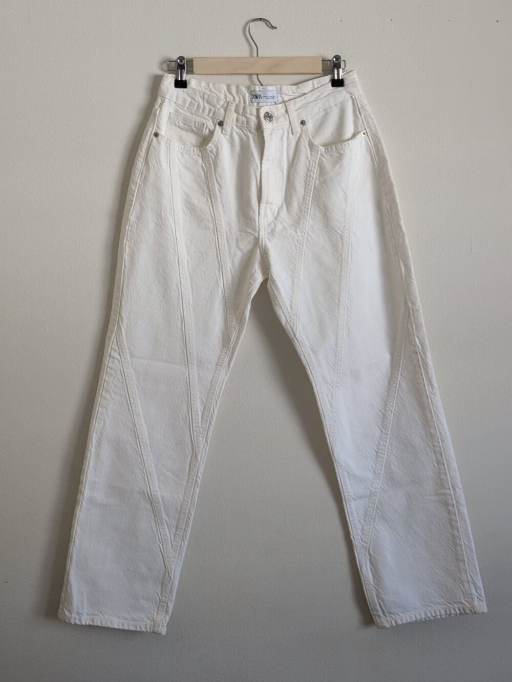 Zara White High Rise Diagonal Seam Straight Leg Jeans